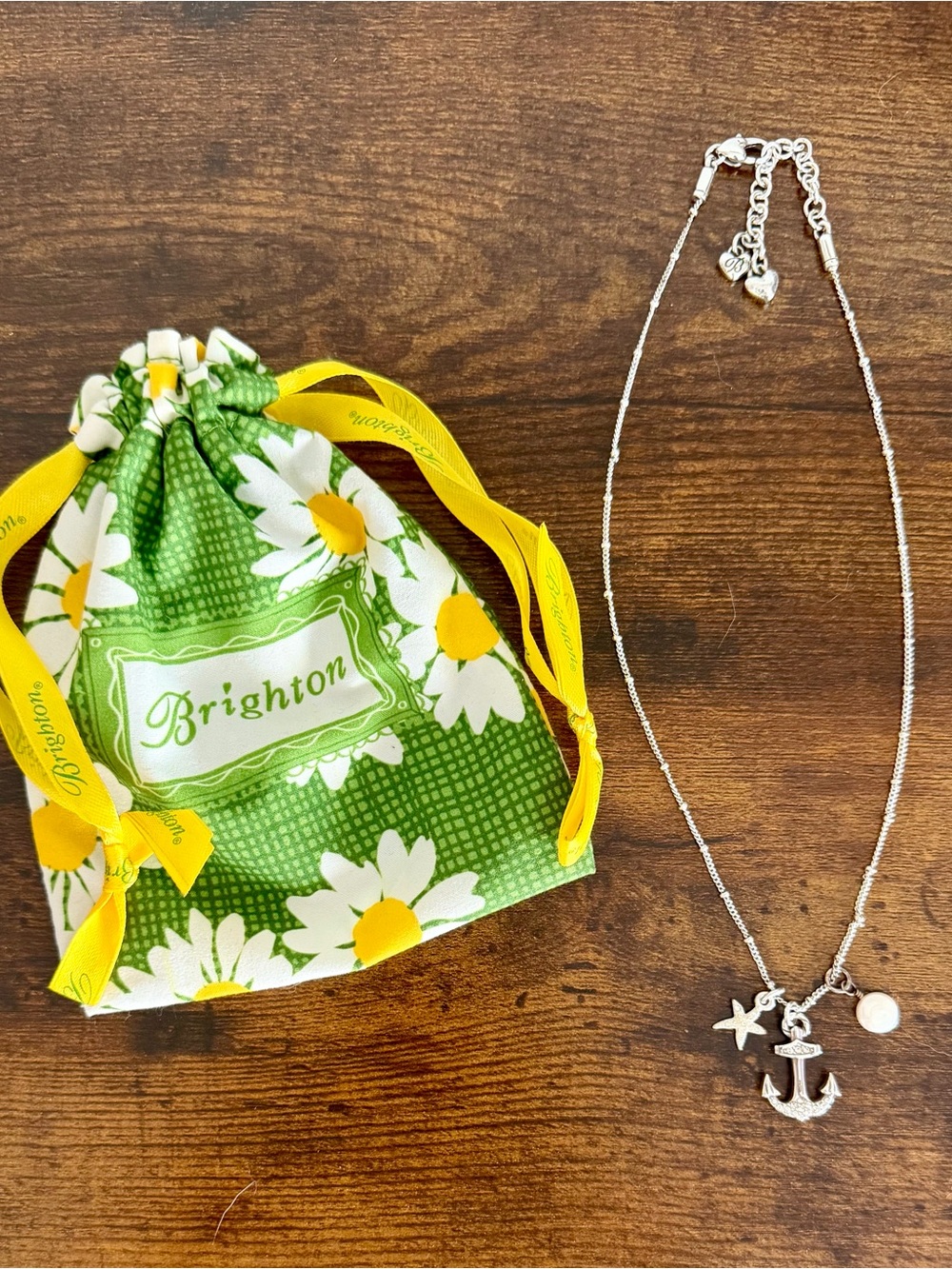 Brighton Silver Anchor & Star Charm Necklace with White Pearl and daisy pouch.